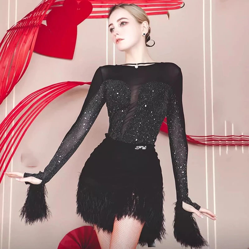 

Платье для латиноамериканских танцев для женщин, с бахромой, для сальсы, румбы, ча-ча-ча, с длинными рукавами, с кисточками, для бальных соревнований