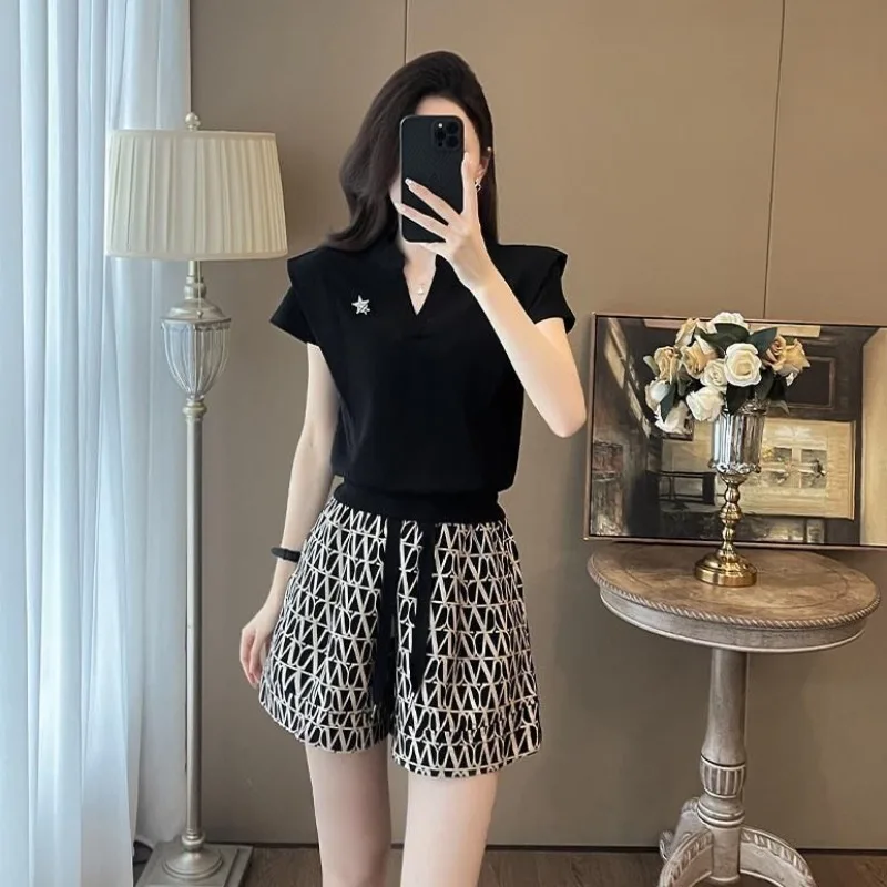 Short Sets for Women 2 Pieces Printing Black Tracksuit Woman Shorts Two-piece Clothing Trend 2025 with Jacket Tailoring Trends
