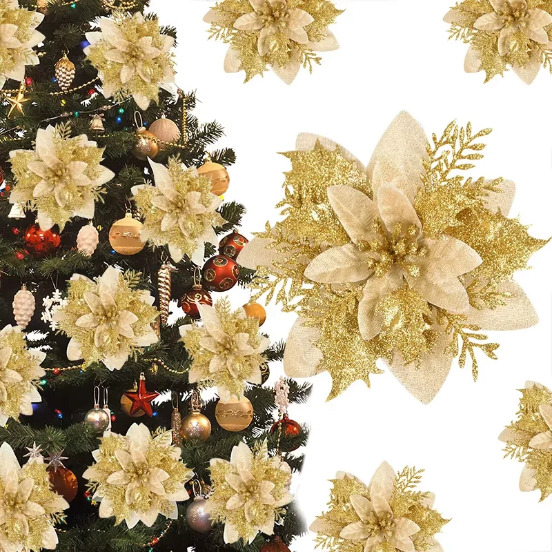 10/20pcs 14.5cm Christmas Flower Ornaments,Pink,Red,Gold,Glitter Artifical Flowers For Christmas Tree,Xmas Decoration For Home