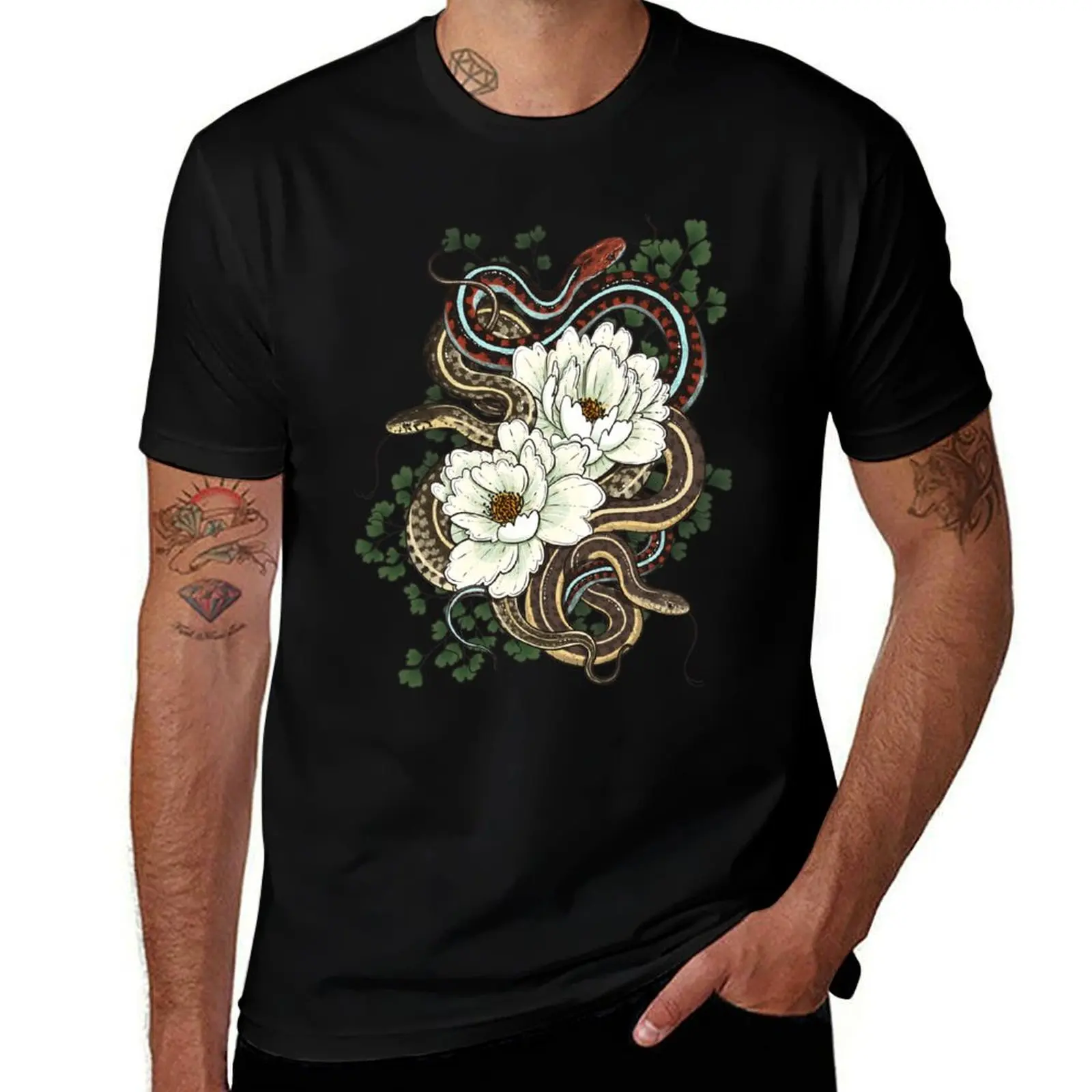 

Garter Snakes with White Peonies T-Shirt t shirts for man graphic vintage T-Shirt