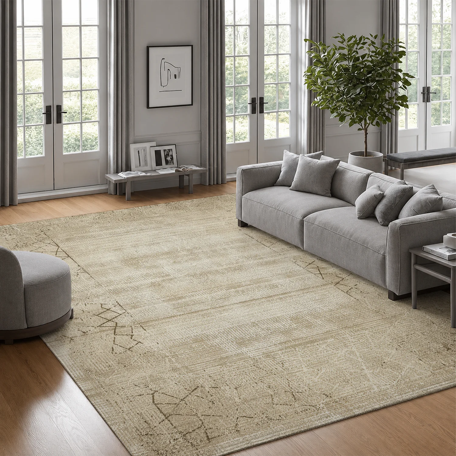 Large Indoor Area Rug Soft Velvet Low Pile Non-Slip Backing Machine Washable Neutral Beige Subtle Geometric Pattern Rug for Living Room Bedroom Entryway