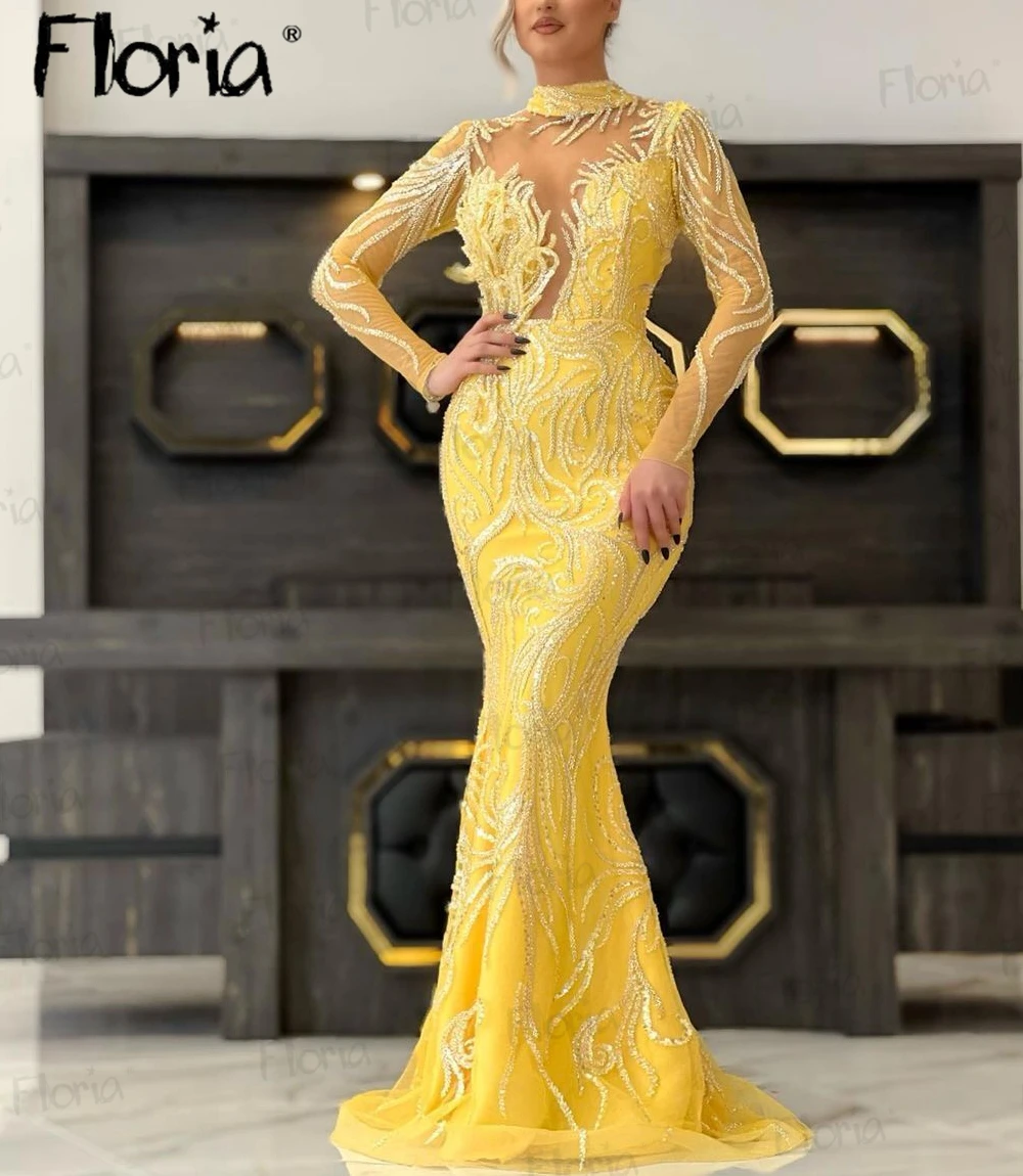 Vestido de fiesta con cuentas árabes doradas para mujer, elegante vestido de graduación con lentejuelas de sirena amarilla, personalizado, largo, Formal, para ocasiones, 2024