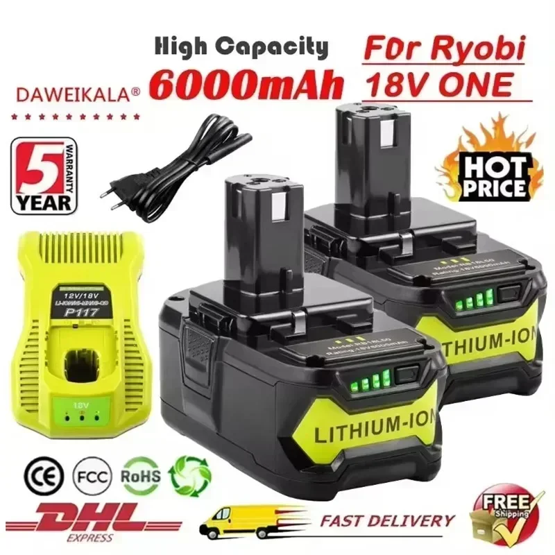 6Ah For RYOBI P108 18V One+ Plus Battery 18 Volt Lithium-Ion Power Tools P104 P107 RB18L50 RB18L20 P108