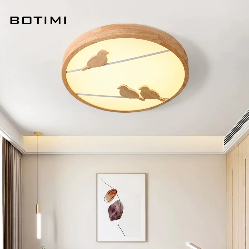 BOTIMI أضواء السقف LED الخشبية الصلبة المستديرة مع الطيور لغرفة المعيشة عن بعد سطح شنت إضاءة غرفة النوم مصباح الغرف الحديثة #5