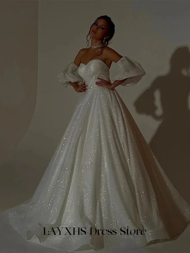 

LAYXHS Модные вечерние платья Милая съемные пышные рукава Блестящие платья трапециевидной формы для выпускного вечера Вечерние платья по индивидуальному заказу