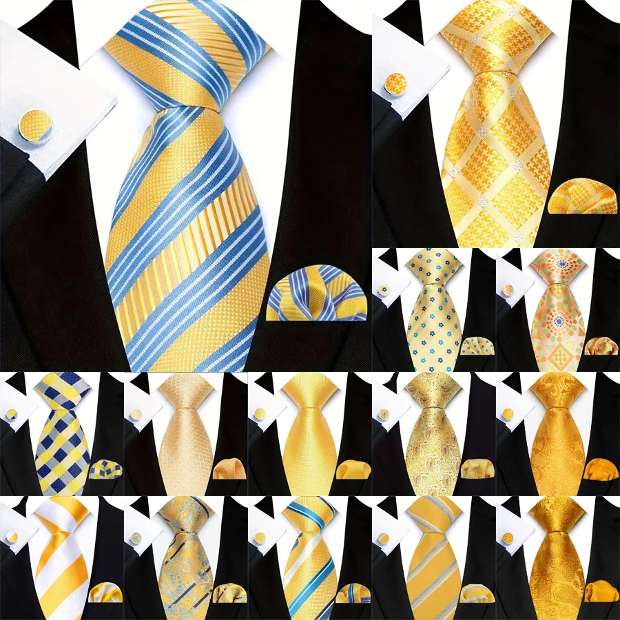 3 Stück Herren-Krawatten in gelber Farbe, gestreift, kariert, einfarbig, Einstecktuch, Manschettenknöpfe, Hochzeit, Abschlussball, Zubehör, 8 cm, Krawatte, Geschenk für Männer