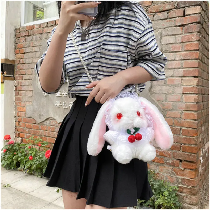 

Cute Magic Lolita Dressing Bunny Plush Bag Stuff Unique Eye Lace Rabbits Cuddly Plushies Cherry Necklace Crossbody Backpack Bags