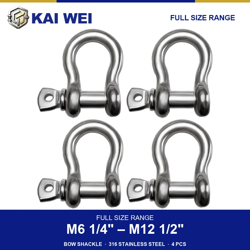 4PCS 316 Stainless Steel Bow Shackle M6 1/4 M8 5/16 M12 1/2 Marine Grade Screw Pin Anchor Shackle Boat Rigging Chain Strap