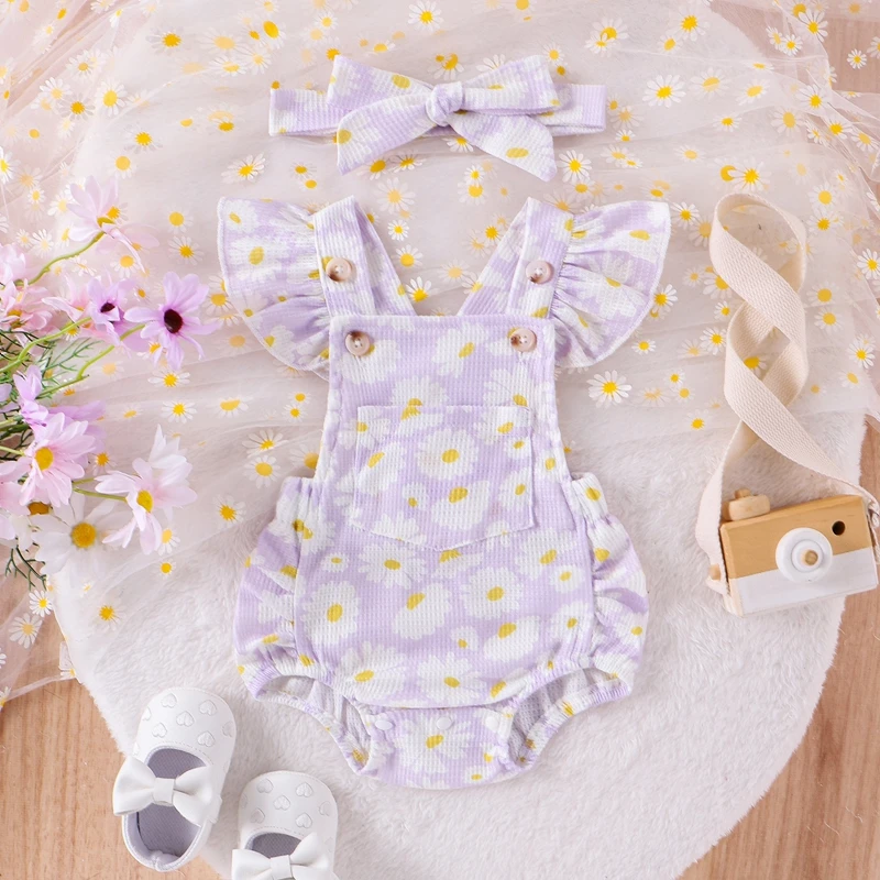 

Suefunskry Baby Girls Summer Romper Waffle Daisy Print Flying Sleeve Square Neck Jumpsuit with Bow Headband