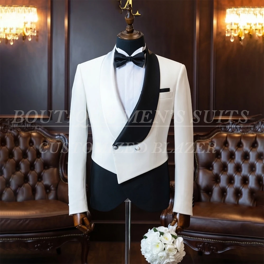 Fashion Cropped Men's Suits White Double Breasted Blazer High Quality Wedding 2 Piece Jacket Pants Sets Costume Homme