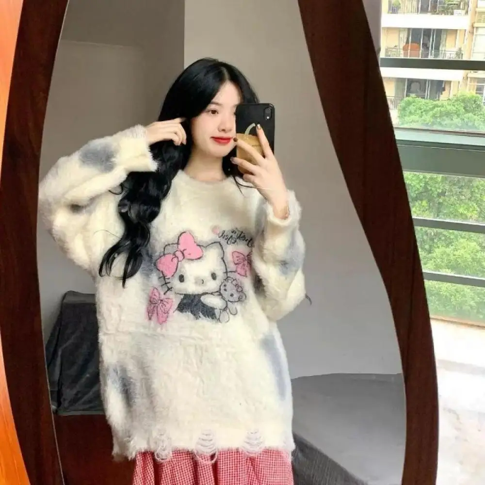 

Hello Kitty Knitted Sweaters Women Sanrio Anime Kawaii O-Collar Tops Autumn Spring Student Girl Cute Loose Preppy Style Fashion