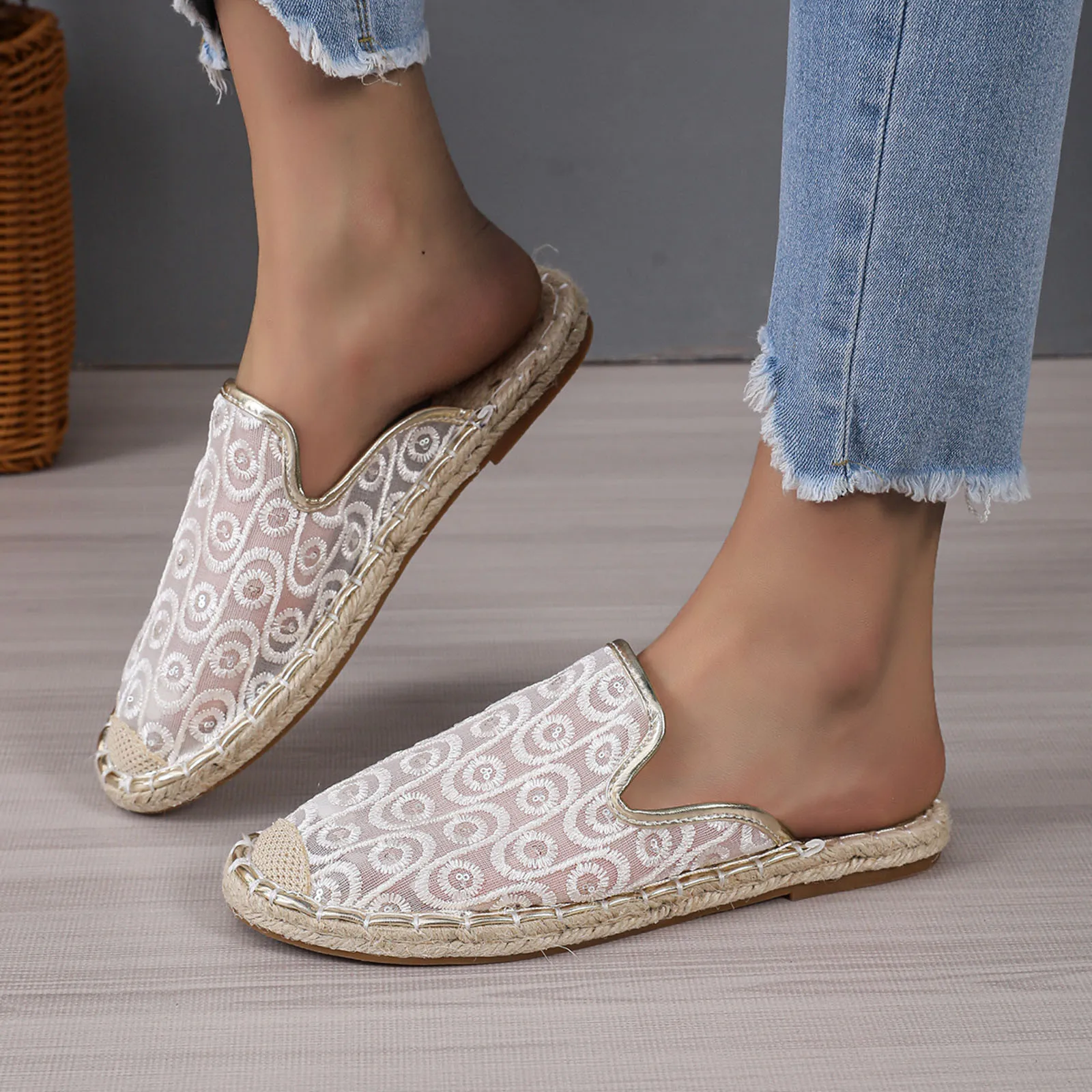 Women’S High Heel Slippers Ladies Hollow Breathable Fisherman Shoes Woven Straw Shoes Flat Bottom Casual Chaussures Femme