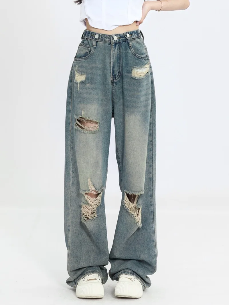 

American vintage distressed jeans, women's high waisted straight tube loose and slim design, high street vibe wide leg mop pants