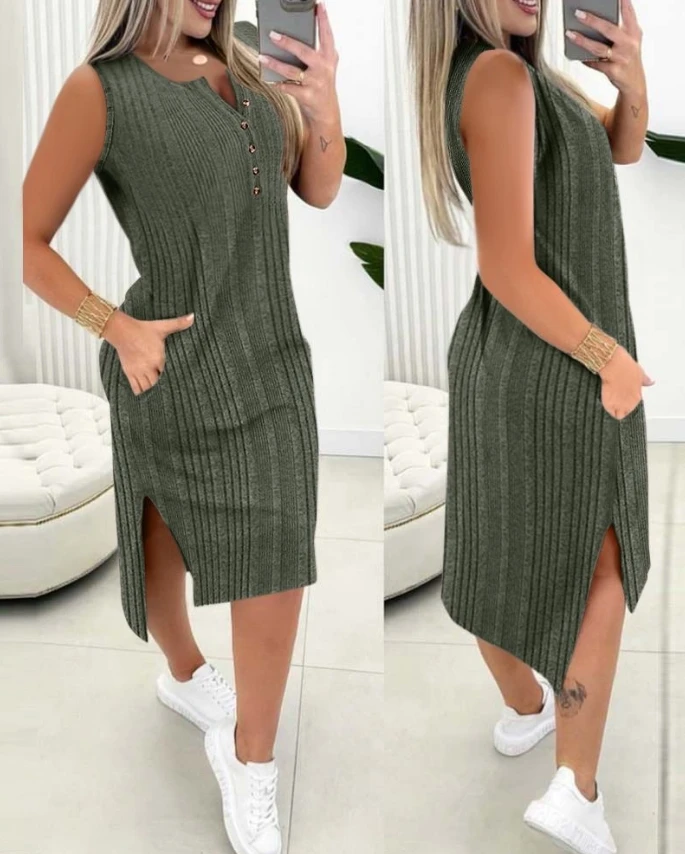 

Women's Casual Dress 2024 Summer Autumn Latest Button Pocket Design Ribbed Slit Maxi Dress Round Neck Sleeveless Long Skirt