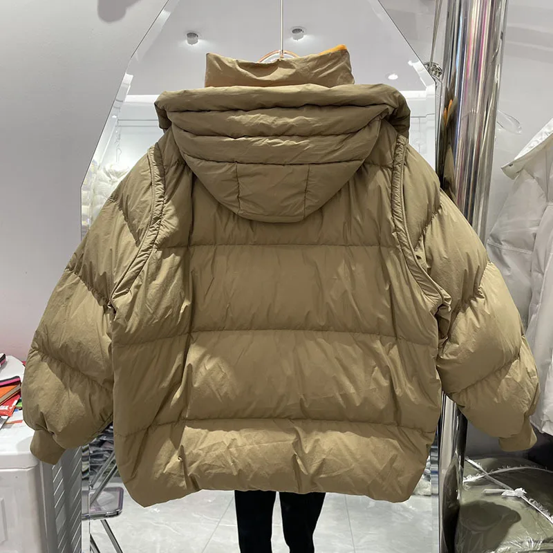 Winter 2023 Korean New Fashion Puffy Hooded Short Feather Coat Short Loose White Duck Down Jacket Female