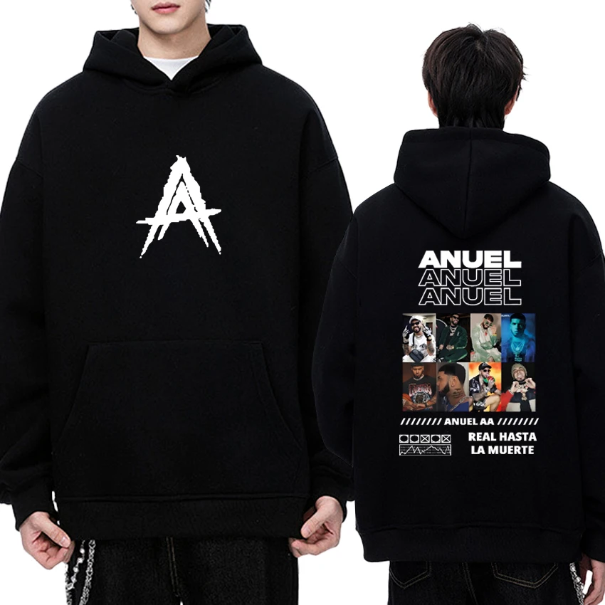 

Hot Rapper Anuel AA Tour 2025 Double Sided print Winter black Hoodie New Unisex vintage Sweatshirt Men women hip hop streetwear