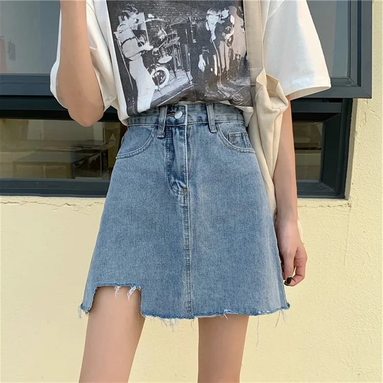 

Джинсовая юбка А-силуэта с высокой талией больших размеров для женщин, утягивающая, облегающая, летняя, модная, повседневная, однотонная, универсальная