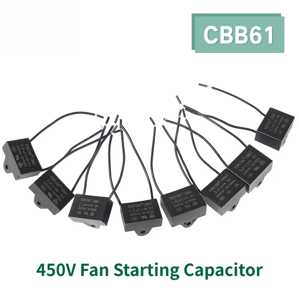 5PCS CBB61 450V Fan Capacitor 0.8/1/1.2/1.5/1.8/2/2.5/3/3.5/4/4.5/5/6/7/8/10μF Motor Capacitors for Ceiling Fans Exhaust Motors