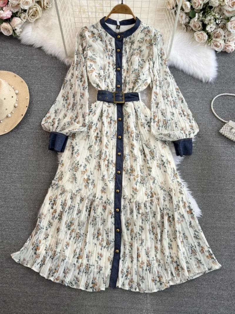 

O Neck Lantern Sleeve Flower Print Dresses Y2k 2024 Spring Autumn New Robe Femme Denim Patchwork Single-breasted Lace Up Vestido