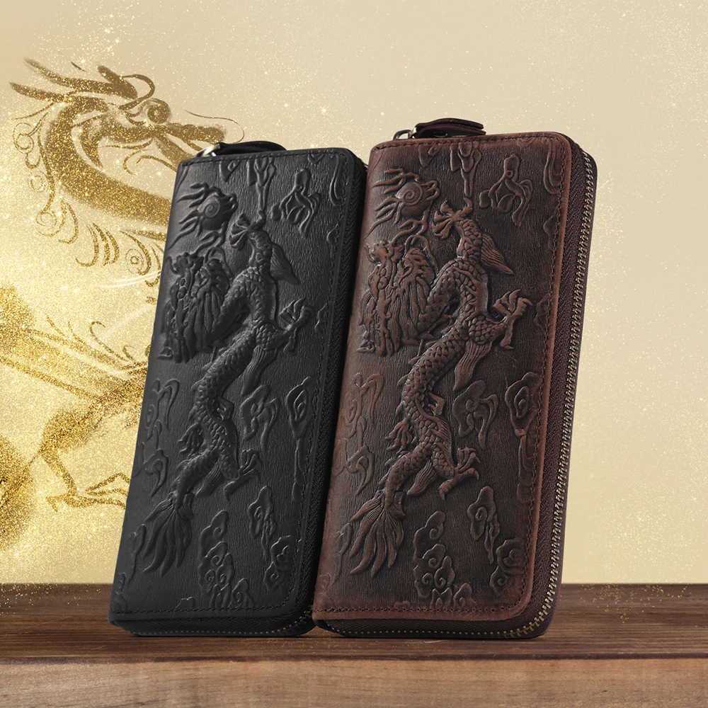 

Unisex Genuine Leather Bifold Wallet Purse Organizer Dragon Embossed High Quality Mens Brown Long Wallet with Credit Card Holder