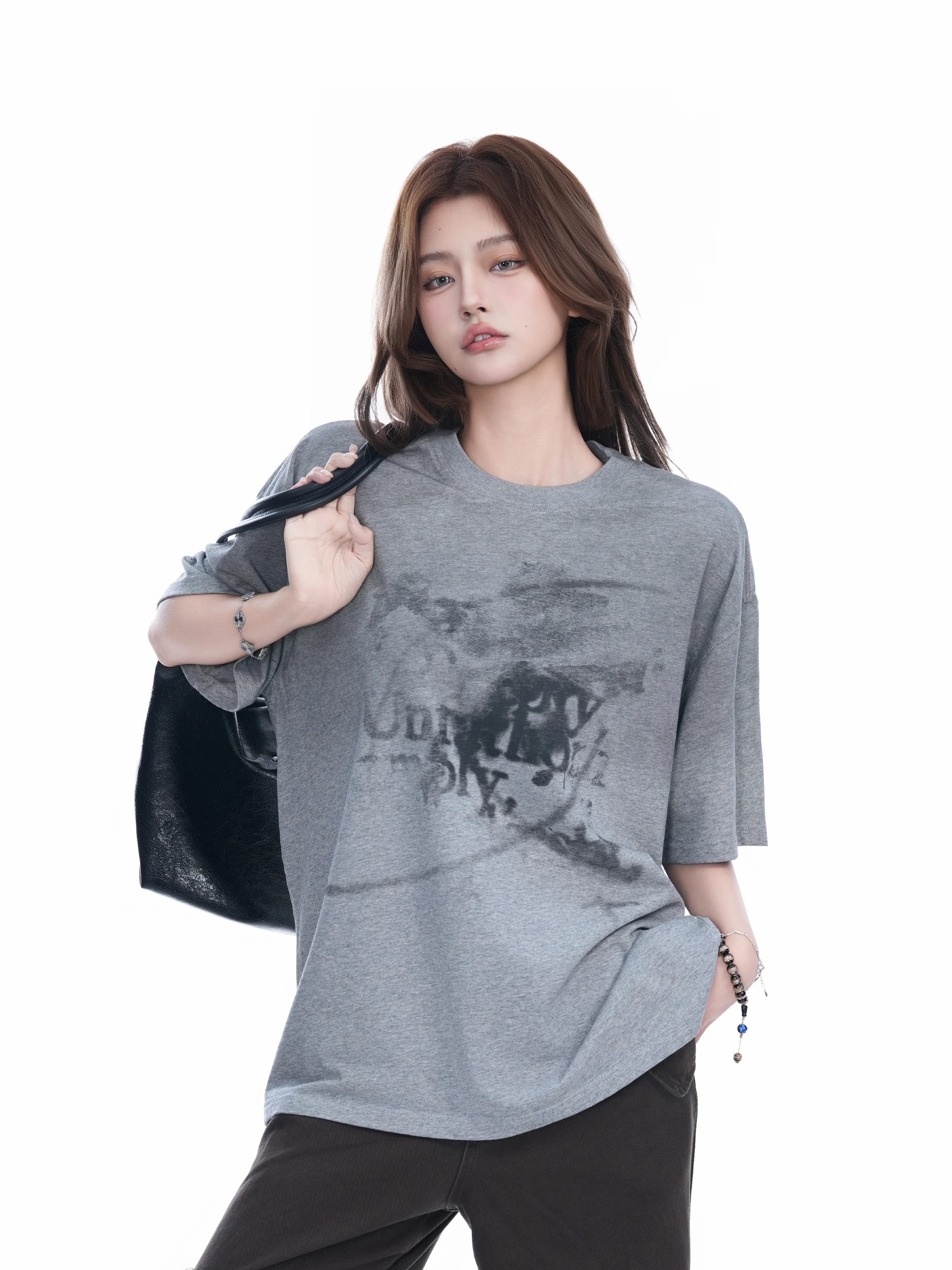 Retro American Graffiti Distressed Short Sleeve Cotton T-shirt for Women Loose Couple Half Sleeve Pure Cotton Upper Body