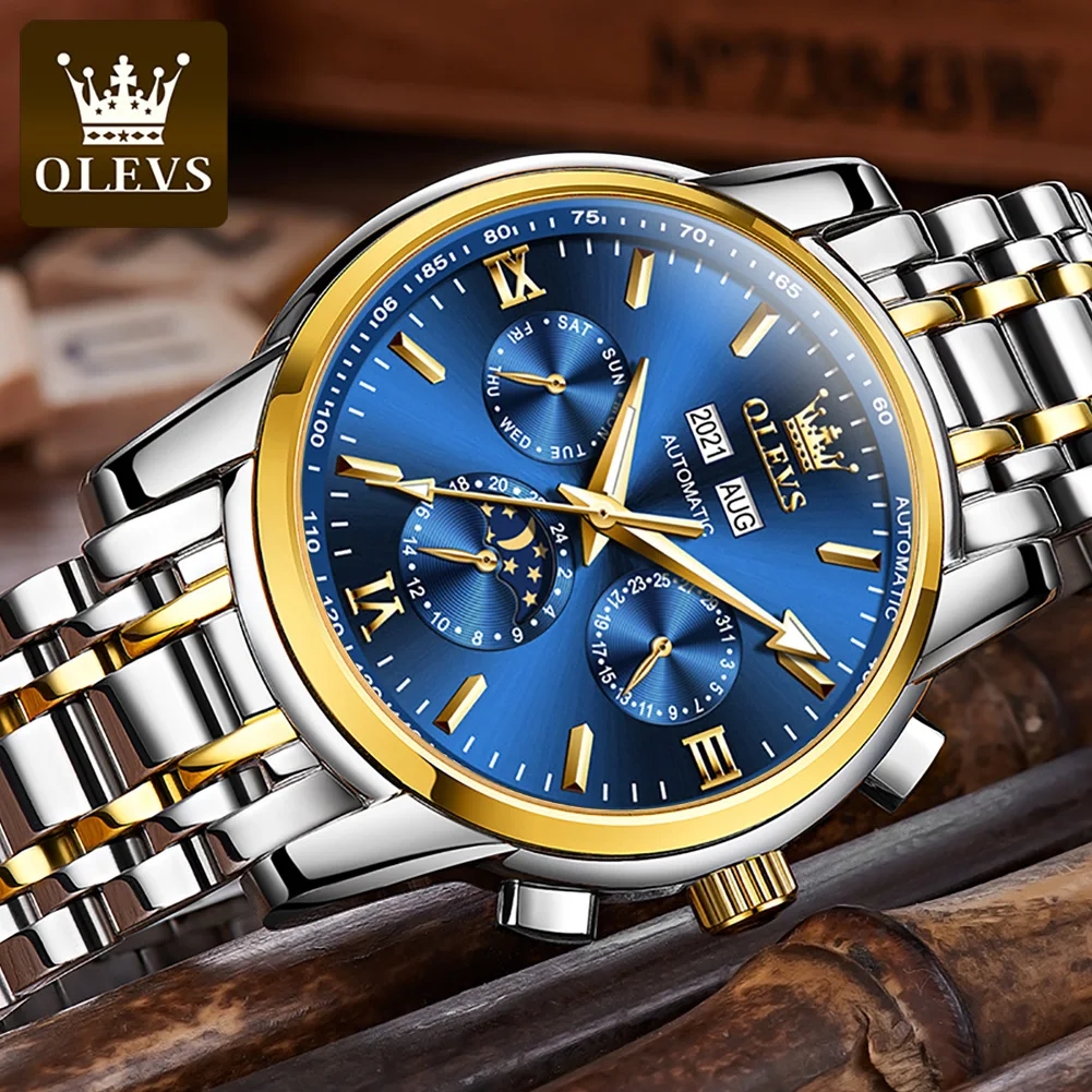 OLEVS-relojes automáticos para hombre, reloj de pulsera mecánico Original, resistente al agua, fase lunar, calendario, moda de lujo