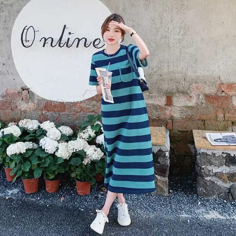Été nouveau femmes rayé ort Sve t-shirt Dr décontracté trajet Sle taille ample a-ligne jupe en Fiber de Polyester