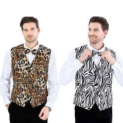 2 PCS Men Animal Print Vest Party Suit Waistcoat Adult Leopard Tiger Print Costume Funny Performance Photography Vest + Bow Tie