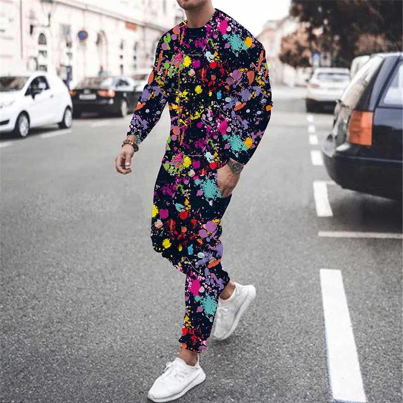 Colorful Graffiti 3D Print Men's Sportswear Set Casual Long-Sleeved T Shirt Pants 2-Piece Set Oversized Pullover Men Clothing