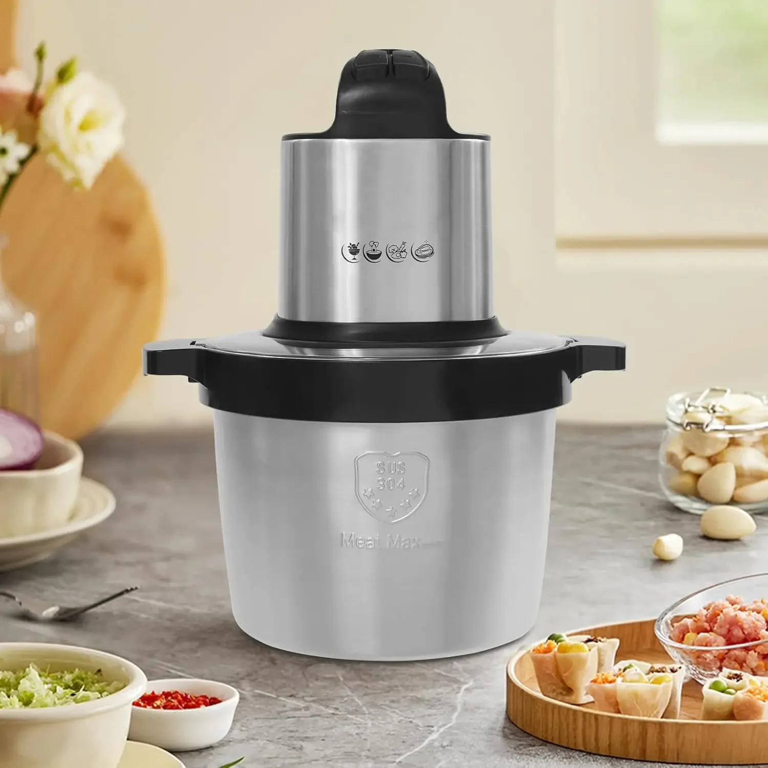 Küchenmaschine aus Edelstahl, elektrischer Zerkleinerer mit Klinge, Fleischwolf, Multi-Zerkleinerer für Fleisch und Gemüse, 6,5 l