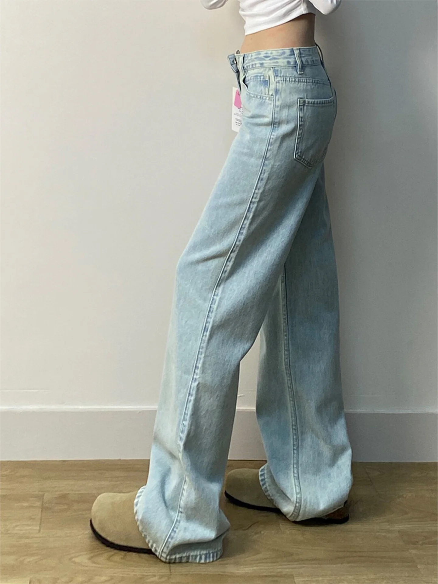 Cintura baixa perna larga azul jeans feminino outono inverno solto emagrecimento até o chão calças americanas sle cor pura jeans
