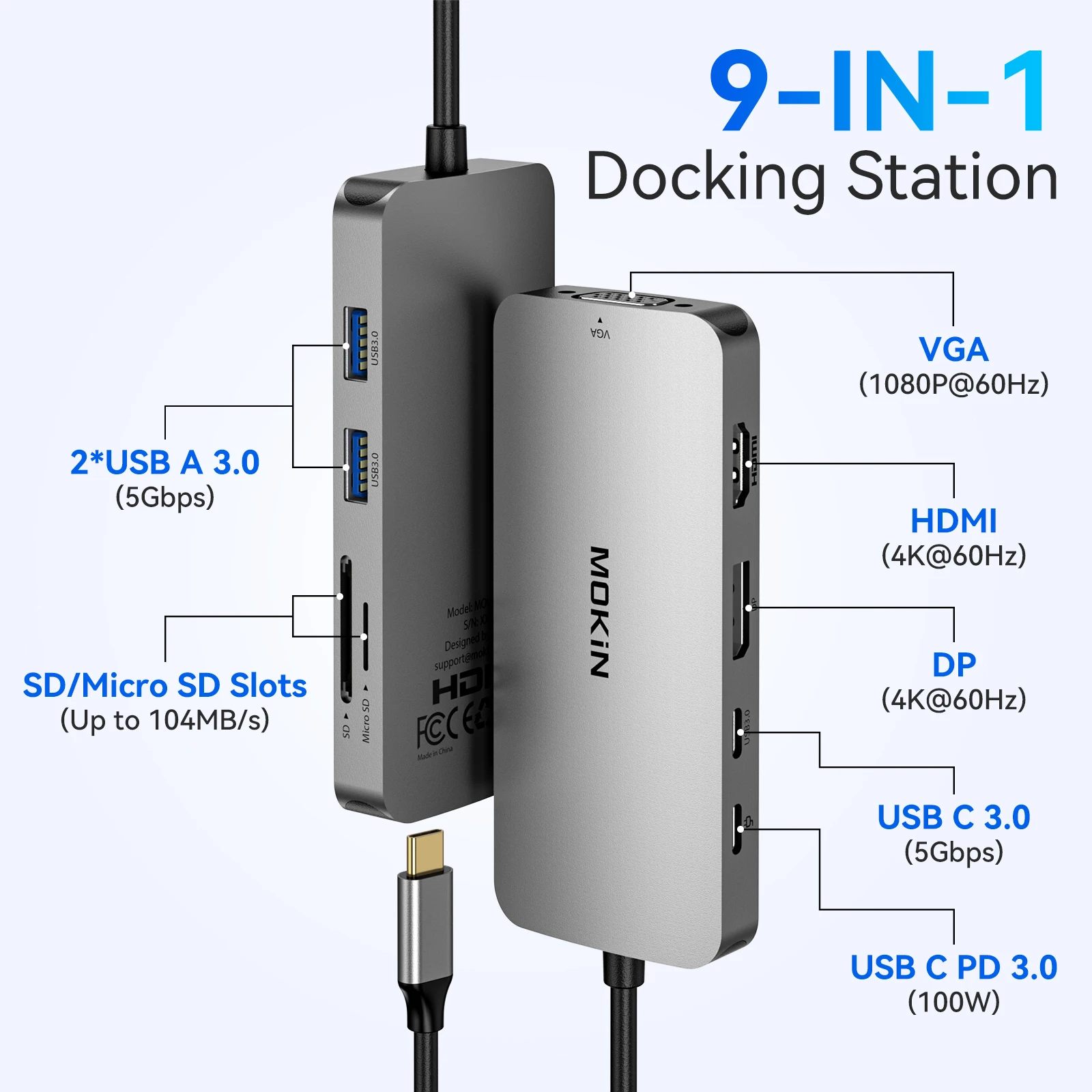 MOKiN USB C HUB 4K60Hz Type C to HDMI Docking Station,VGA 3USB3.0 Audio PD100W Adapter,For Macbook Pro Air M2 M1 PC accessories