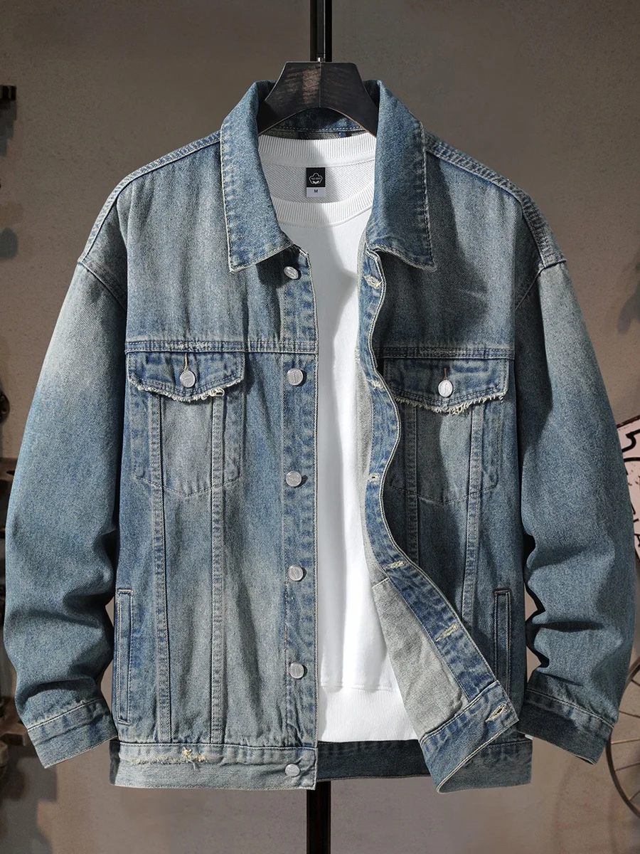 

Мужская джинсовая куртка свободного кроя в уличном ретро-стиле из плотного хлопка и полиэстера, модная, для активного отдыха