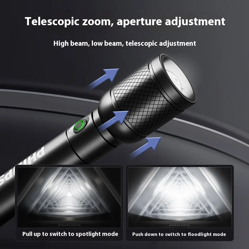 مصباح يدوي فيليبس قابل لإعادة الشحن، فائق السطوع، يدوم طويلاً، محمول، مناسب للاستخدام الخارجي، ضوء الطوارئ، طويل المدى.