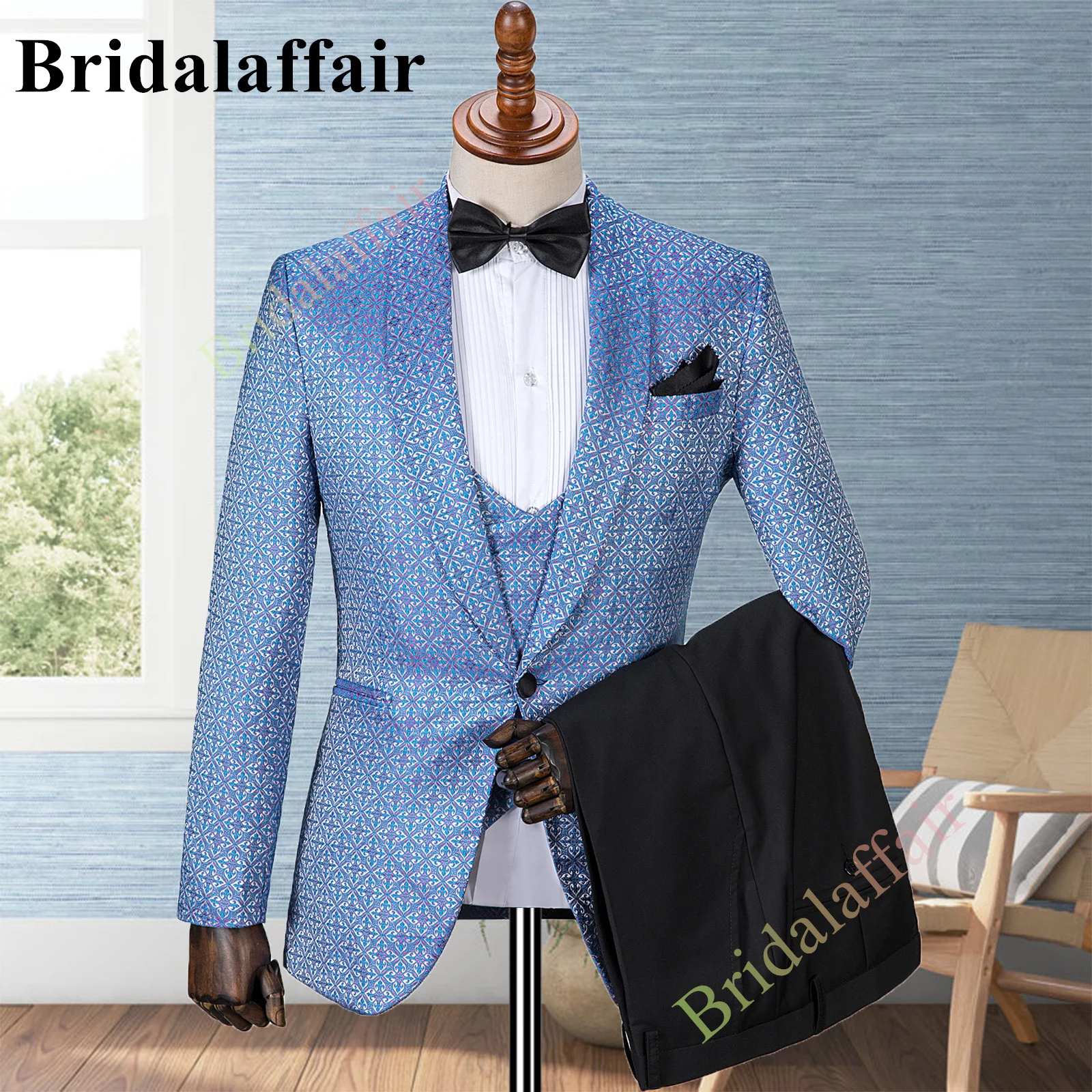 

Bridalaffair Tailor Light Blue Shawl Lapel Men Suits For Wedding Groom Tuxedos Blazers Coat Pants Slim Fit Prom Terno Masculino