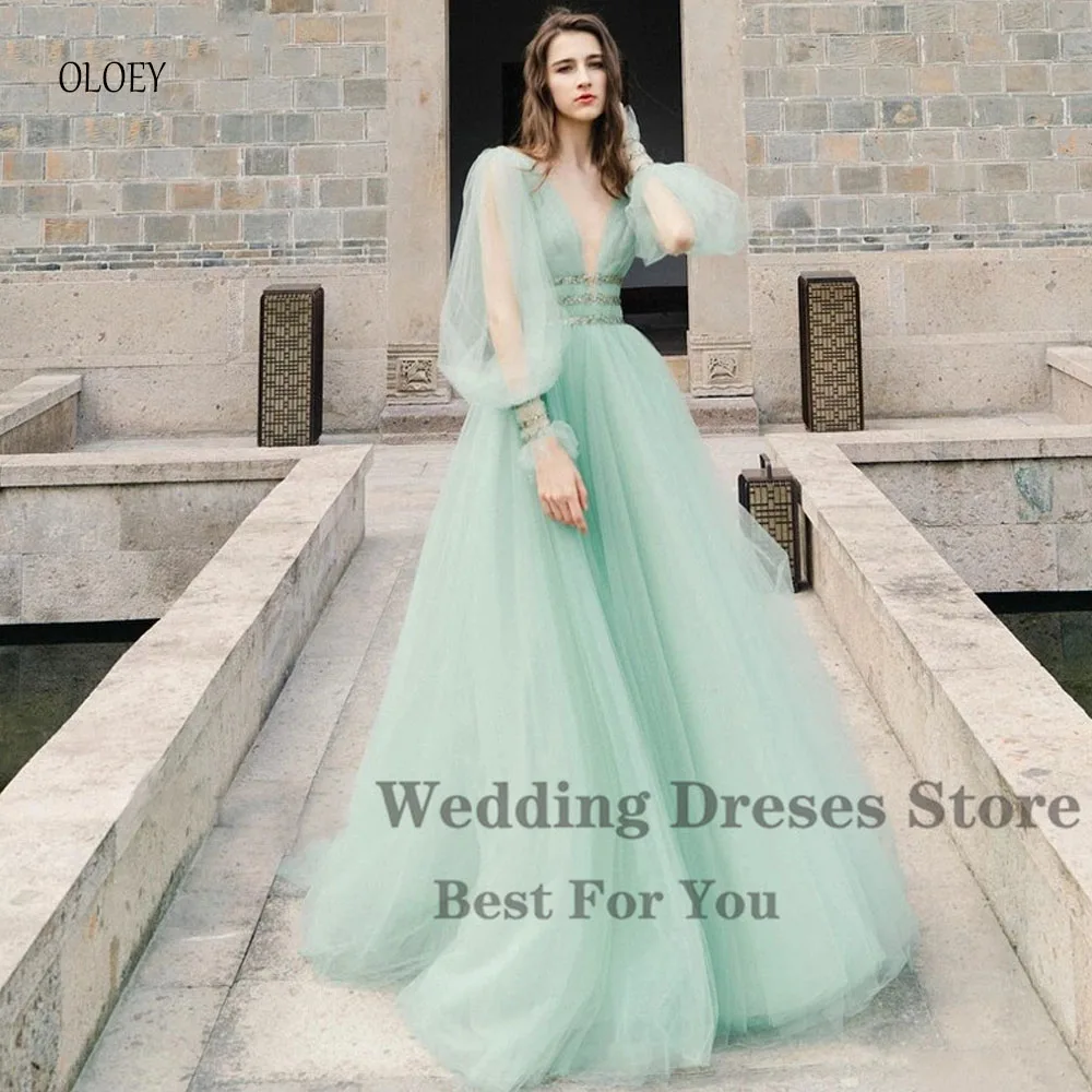 

OLOEY Korea Fairy Tulle A Line Long Prom Dress Puff Sleeve V Neck Floor Length Party Gowns Lady Formal Dress Vestido De Gala