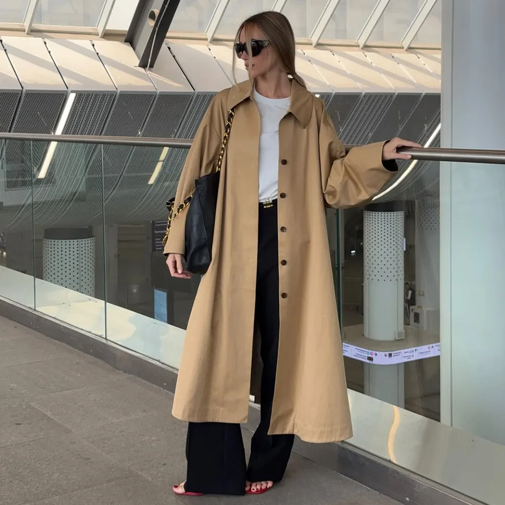 

Simple Long Trench Coat for Women 2025 Autumn Winter Turn-down Collar Single-breasted Trench Coat Pure Cotton Loose Trench Coat