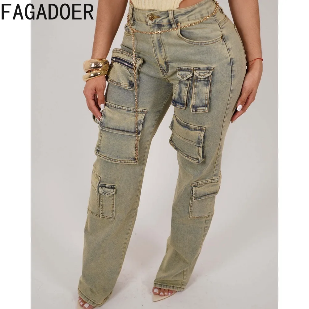 FAGADOER Retro Denim Fashion Pocket Cargo Pants Women High Waisted Button Zipper Jean Trousers Casual Female Cowboy Bottoms 2024