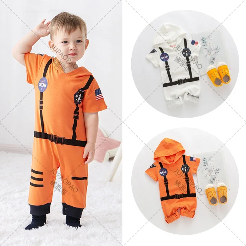 Letnia krótka bluza z kapturem astronauta kostium Romper dla chłopców dziewcząt kombinezon kosmiczny kombinezon Halloween strój urodzinowy Cosplay Anime