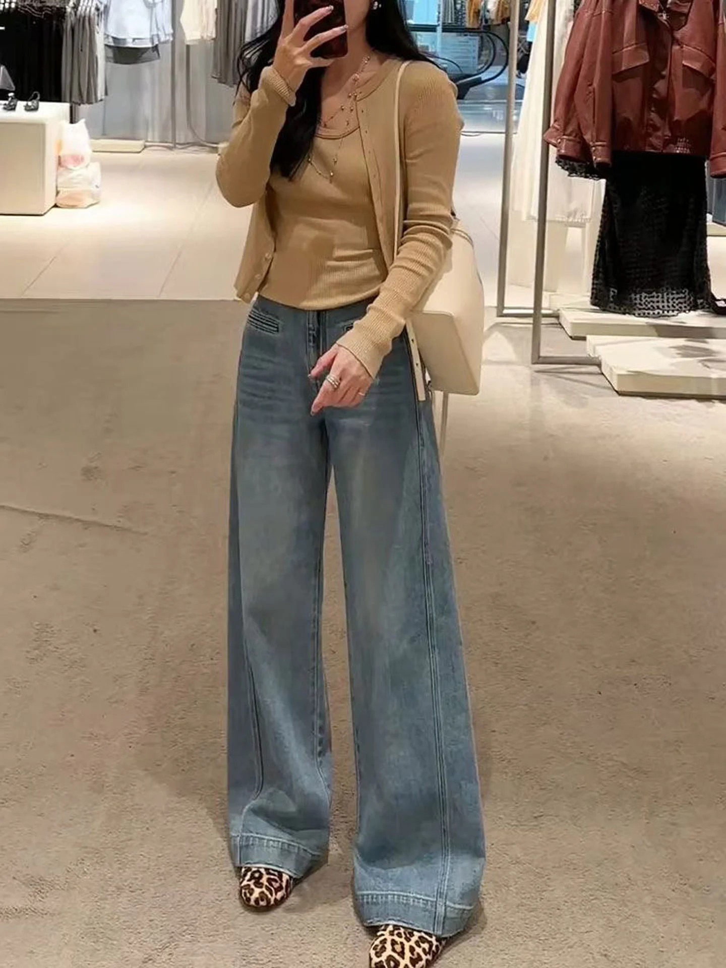 American Style High Waist Blue Draped Wide Leg Jeans Women's Fashion Slimming Floor-Length Straight Cut Trousers