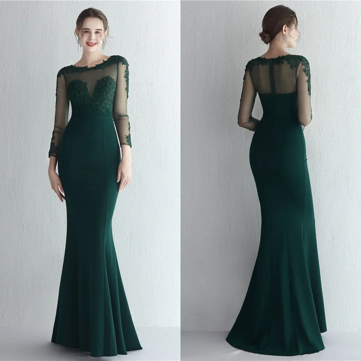 

Evening Dresses Green Stretchy O-neck Full Sleeves Appliques Zipper Mermaid Trumpet Floor Length Women Party Formal Gowns YE071