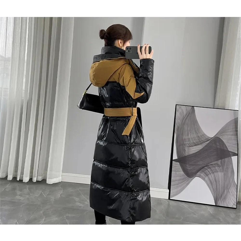 Woman ClothingLong Over Knee Down For Women, Bright Face, Black Splice Coat, New Fashion, Winter, 2024
