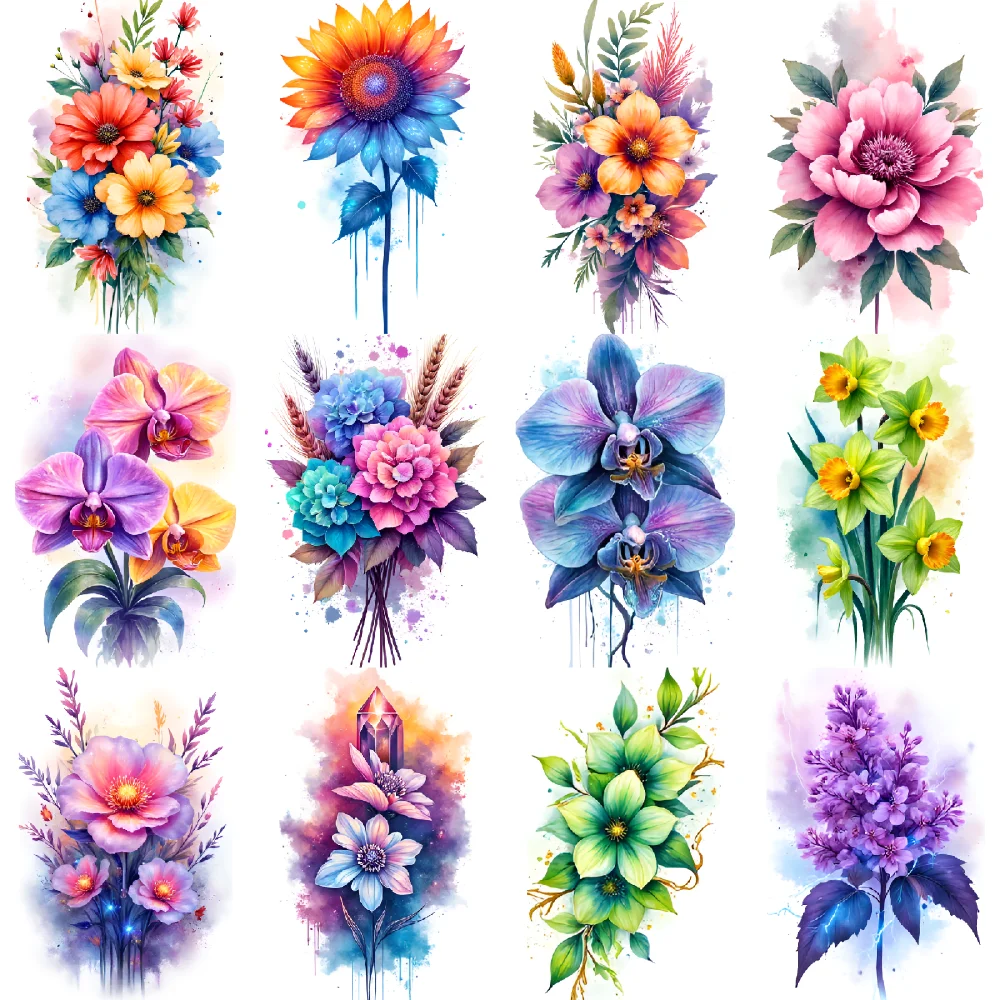 

12 шт., временные татуировки, красочный букет, водонепроницаемые, долговечные наклейки для тела, иллюстрации бабочек, цветочный дизайн для спины