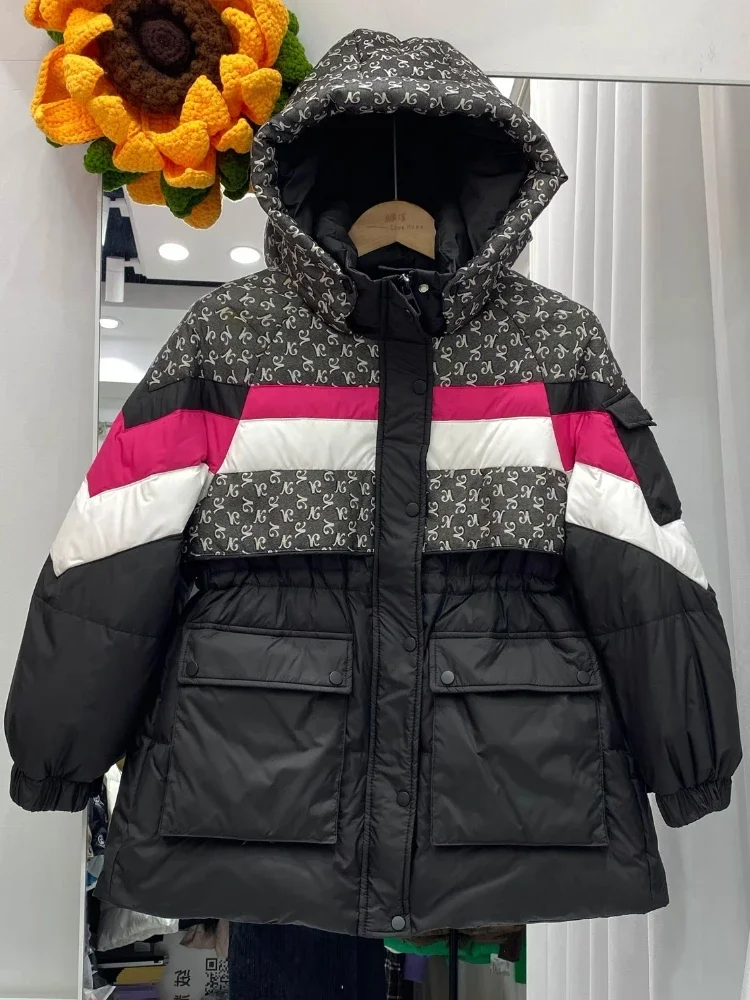 Mid-Length Thickened Down Jacket Women\'s Winter New Hooded Contrast Color Fashion Loose Oversized Casual White Duck Puffer Coat