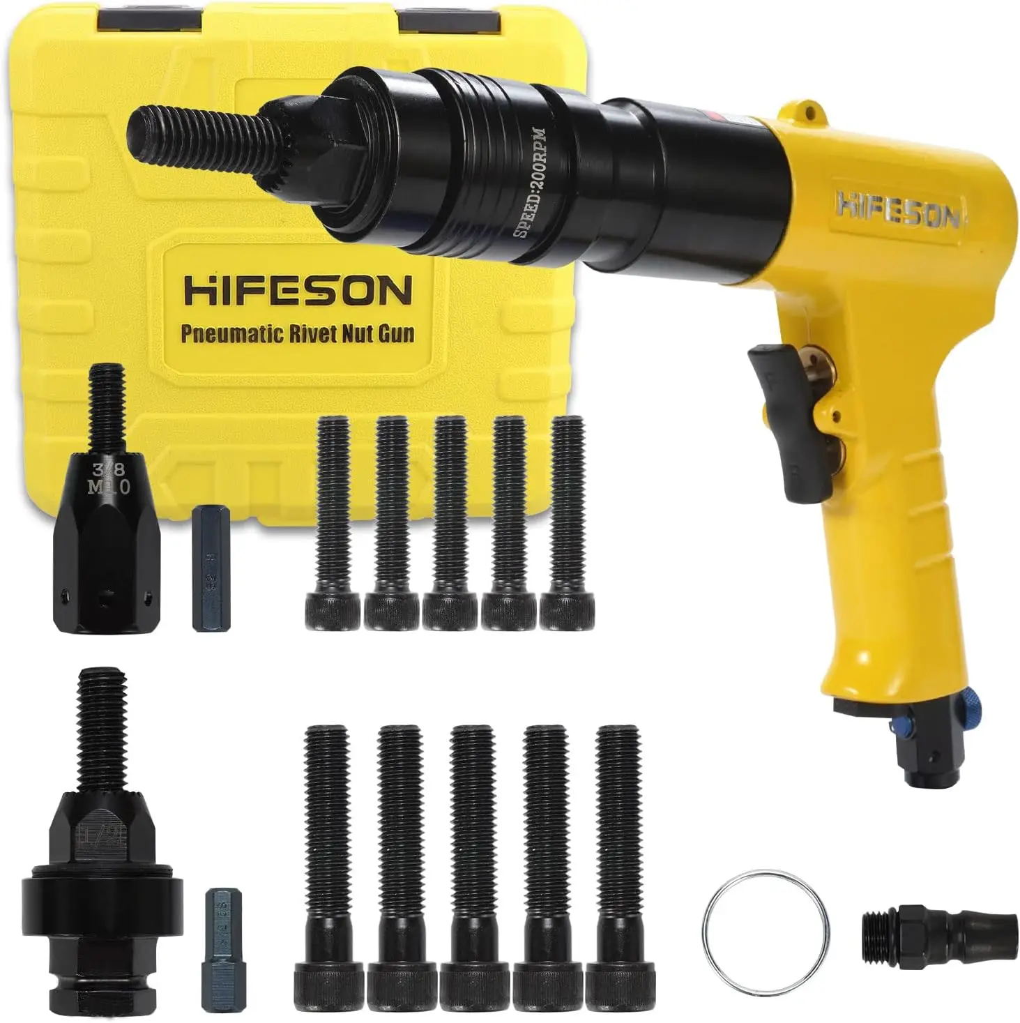 Pneumatic Rivet Nut Gun with 3/8 & 1/2 Self-Locking Head Gun,Quick-Change Mandrels,Industrial Grade Adjustable Speed Air