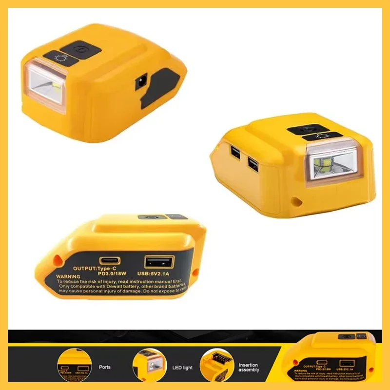 

Portable Power Converter USB Adapter Work Light with 140lm LED for Dewalt 18V 20V Li-ion Battery with USB Type-C DC 12V