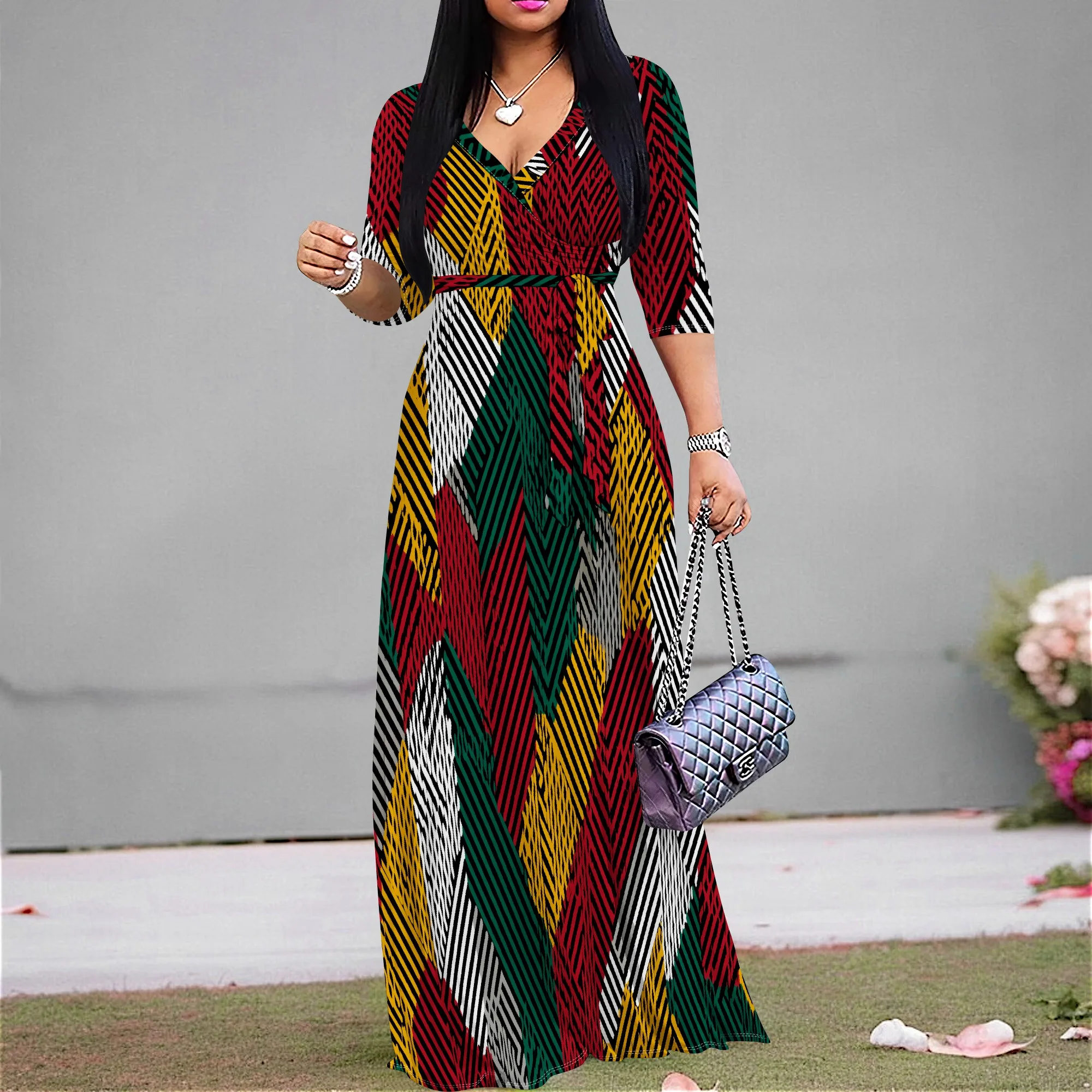 

Women's Kwanzaa Maxi Dress Winter 2025 African Print V-Neck Belted Half Sleeve Party Gown S-3XL High Waist A-Line Long Dress