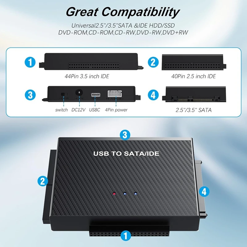 SATA Adapter USB 3.2 And IDE Adapter, SATA USB Hard Drive Adapter For 2.5Inch And 3.5Inch SATA HDD & IDE HDD, EU Plug