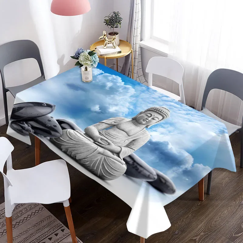 Buddha Statue Tablecloth Waterproof Blue Sky Meditation Dining Table Cover for Home Decor