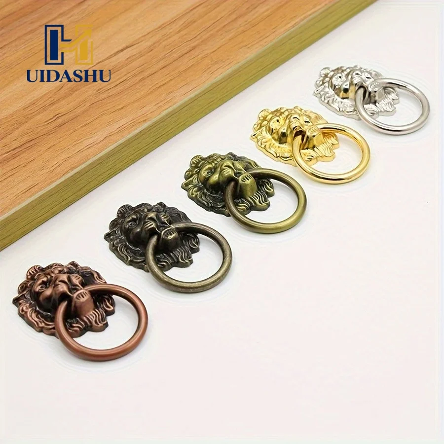 Antique Bronze Lion Head Ring Pulls 3D Relief Single Hole Cabinet Drawer Handles Vintage Furniture Knobs for Wardrobe Dresser